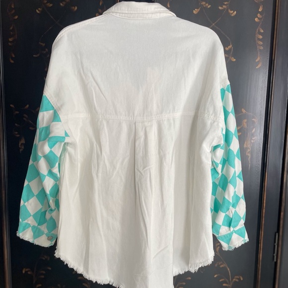 White and Turquoise Check Denim Top Jacket. Sm. Runs big - Picture 2 of 8